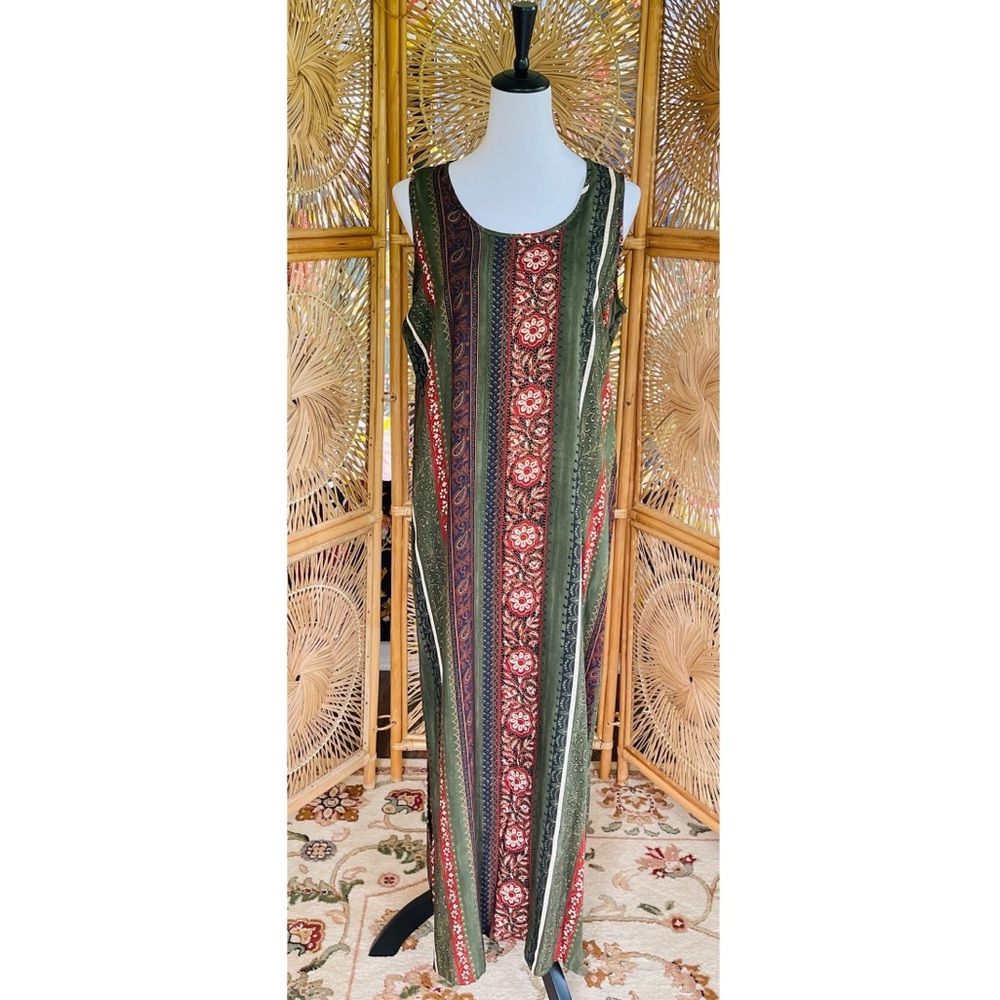 Vintage Caribou New York Boho Hippie Earthy Green Sleeveless Maxi Dress M
